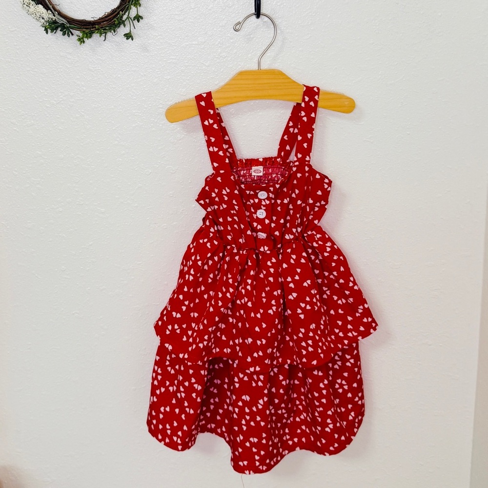 Toddler Girls Red Heart Print Dress Size 90 (Fits 2T)